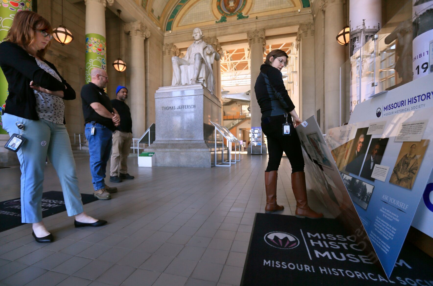Interpretive panels installed next to statue of Thomas Jefferson at Missouri History Museum